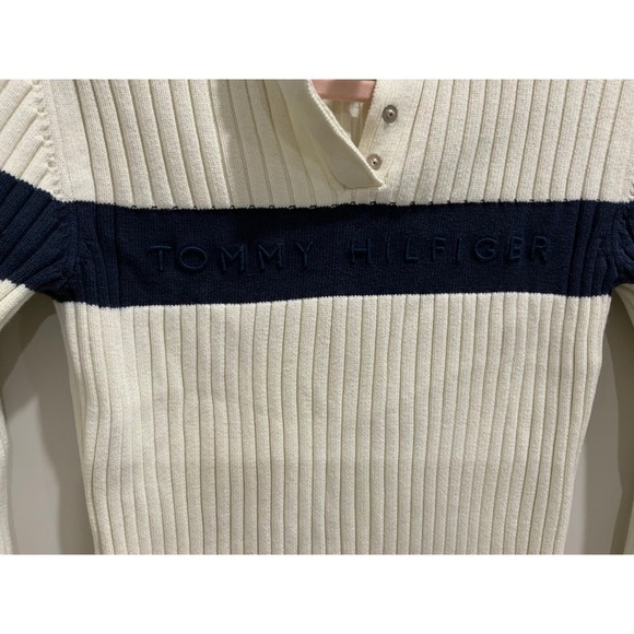 Tommy Hilfiger Womens Ribbed Long Sleeve Sweater Cream Navy Blue Size S - Picture 11 of 17